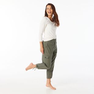 Khoko Collection Women's Cropped Lyocell Cargo Pant Khaki