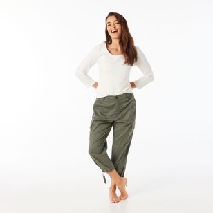 Khoko Collection Women's Cropped Lyocell Cargo Pant Khaki