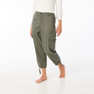 Khoko Collection Women's Cropped Lyocell Cargo Pant Khaki