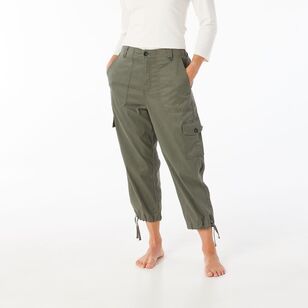 Khoko Collection Women's Cropped Lyocell Cargo Pant Khaki