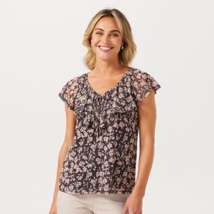 Khoko Smart Women's Pansy Print Mesh Frill Top Taupe