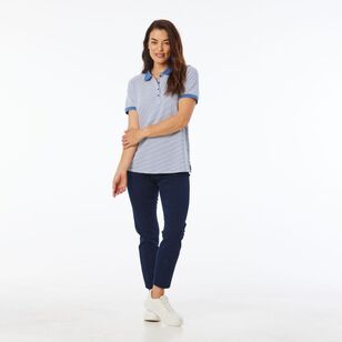 Khoko Collection Women's Stripe Pique Polo Shirt Denim Stripe