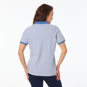 Khoko Collection Women's Stripe Pique Polo Shirt Denim Stripe