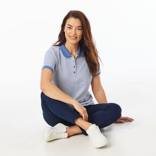 Khoko Collection Women's Stripe Pique Polo Shirt Denim Stripe