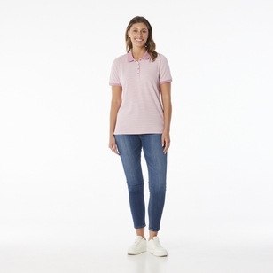 Khoko Collection Women's Stripe Pique Polo Shirt Rose Stripe