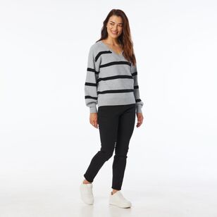 Khoko Collection Women's Rib Stripe V Neck Jumper Grey Marle & Black L