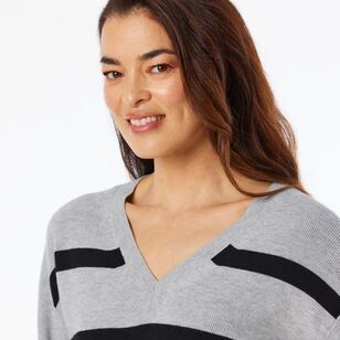 Khoko Collection Women's Rib Stripe V Neck Jumper Grey Marle & Black L