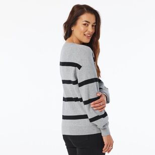 Khoko Collection Women's Rib Stripe V Neck Jumper Grey Marle & Black L