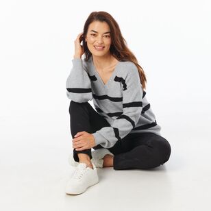 Khoko Collection Women's Rib Stripe V Neck Jumper Grey Marle & Black L