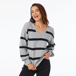 Khoko Collection Women's Rib Stripe V Neck Jumper Grey Marle & Black L