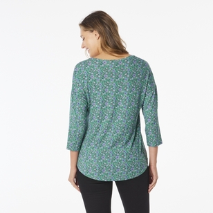 Khoko Collection Women's 3/4 Sleeve Print Top Light Green & Print