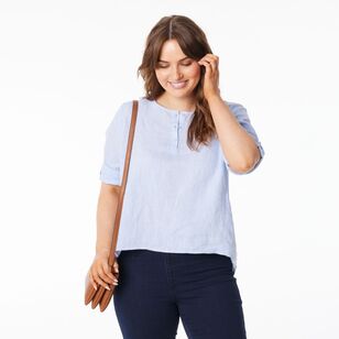 Khoko Collection Women's Roll Sleeve Linen Shirt Blue