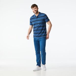 JC Lanyon Men’s Nelson Short Sleeve Pique Yarn Dye Stripe Polo Denim