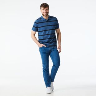 JC Lanyon Men’s Nelson Short Sleeve Pique Yarn Dye Stripe Polo Denim