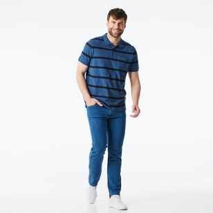 JC Lanyon Men’s Nelson Short Sleeve Pique Yarn Dye Stripe Polo Denim