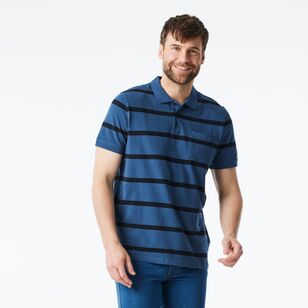 JC Lanyon Men’s Nelson Short Sleeve Pique Yarn Dye Stripe Polo Denim