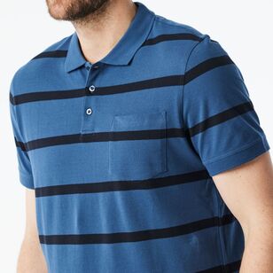 JC Lanyon Men’s Nelson Short Sleeve Pique Yarn Dye Stripe Polo Denim