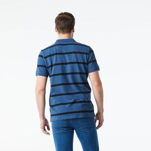 JC Lanyon Men’s Nelson Short Sleeve Pique Yarn Dye Stripe Polo Denim