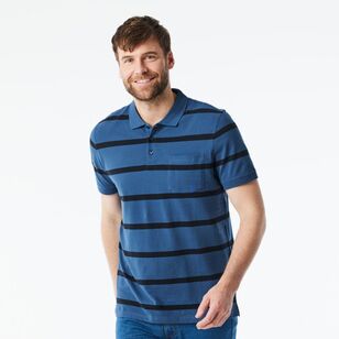 JC Lanyon Men’s Nelson Short Sleeve Pique Yarn Dye Stripe Polo Denim