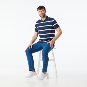 JC Lanyon Men’s Nelson Short Sleeve Pique Yarn Dye Stripe Polo Navy