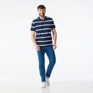 JC Lanyon Men’s Nelson Short Sleeve Pique Yarn Dye Stripe Polo Navy