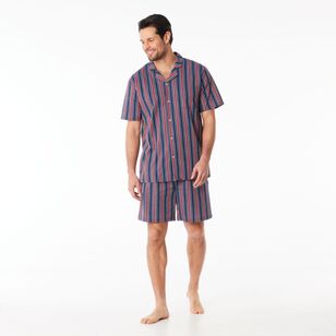 Nic Morris Men's Cotton Poplin Short PJ Set Wide Stripes Blue & Red