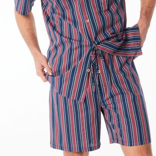 Nic Morris Men's Cotton Poplin Short PJ Set Wide Stripes Blue & Red