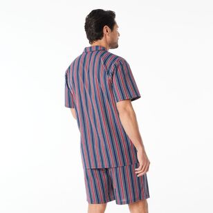 Nic Morris Men's Cotton Poplin Short PJ Set Wide Stripes Blue & Red