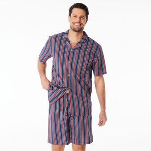 Nic Morris Men's Cotton Poplin Short PJ Set Wide Stripes Blue & Red