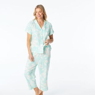 Sash & Rose Women's Linen Viscose Print PJ Set Light Green & Print