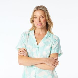 Sash & Rose Women's Linen Viscose Print PJ Set Light Green & Print