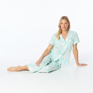 Sash & Rose Women's Linen Viscose Print PJ Set Light Green & Print