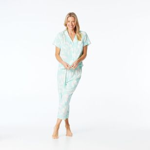 Sash & Rose Women's Linen Viscose Print PJ Set Light Green & Print