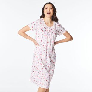 Sash & Rose Women's Short Sleeve Woven Cotton Nightie White & Floral