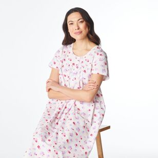 Sash & Rose Women's Short Sleeve Woven Cotton Nightie White & Floral