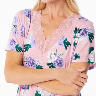 Sash & Rose Women's Lace Bamboo Short Sleeve Top Pink Floral