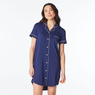 Sash & Rose Women's Bamboo Short Sleeve Button Thru Nightie Navy