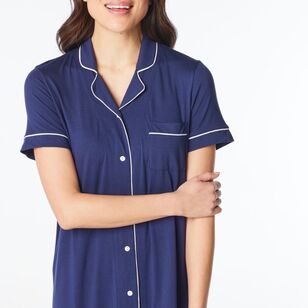 Sash & Rose Women's Bamboo Short Sleeve Button Thru Nightie Navy