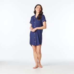 Sash & Rose Women's Bamboo Short Sleeve Button Thru Nightie Navy