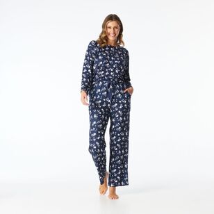 Sash & Rose Women's Supersoft Floral Print Long Pants Navy & White