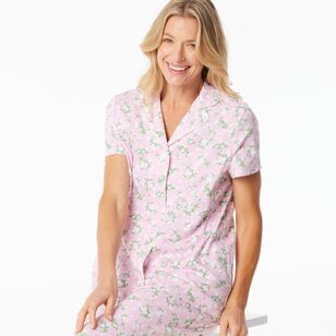 Sash & Rose Women's Cotton Interlock Floral Pyjama Set Pink Floral