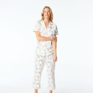 Sash & Rose Women's Cotton Interlock Floral Pyjama Set White & Floral