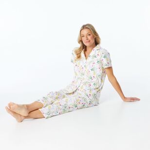 Sash & Rose Women's Cotton Interlock Floral Pyjama Set White & Floral