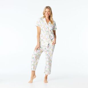 Sash & Rose Women's Cotton Interlock Floral Pyjama Set White & Floral