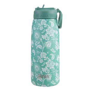 Oasis Double Wall Stainless Steel Insulated 780 mL Sports Bottle With Sipper Straw Green Paisley