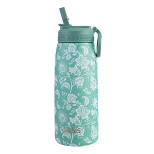 Oasis Double Wall Stainless Steel Insulated 780 mL Sports Bottle With Sipper Straw Green Paisley