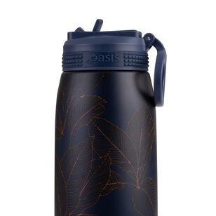 Oasis Double Wall Stainless Steel Insulated 780 mL Sports Bottle With Sipper Straw Navy Leaves