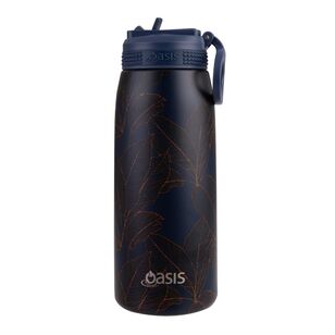 Oasis Double Wall Stainless Steel Insulated 780 mL Sports Bottle With Sipper Straw Navy Leaves