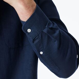 JC Lanyon Men’s Dover Cotton Linen Blend Long Sleeve Epaulette Shirt Navy