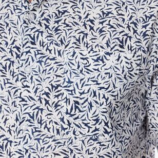 JC Lanyon Lune Leaf Cotton Linen Blend Short Sleeve Shirt Navy